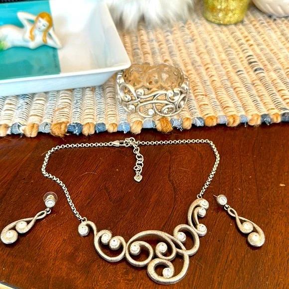 Brighton STERLING LACE Silver Crystal Statement Necklace Bracelet Earrings RARE